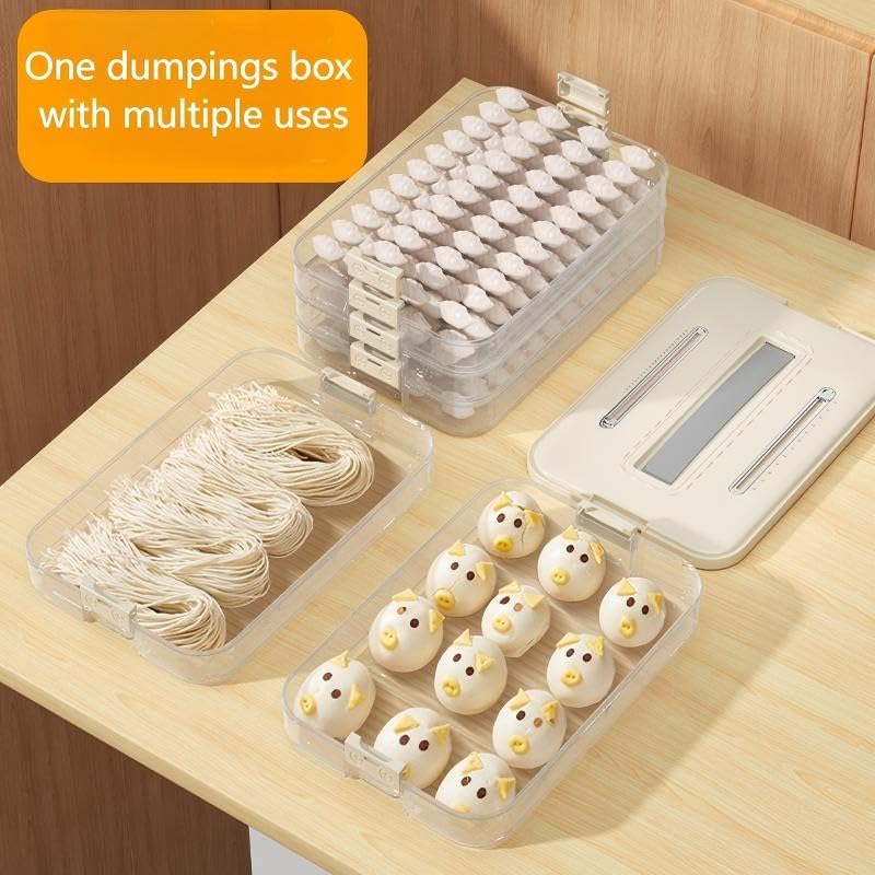 Dumplings Storage Boxes with 4 Layers, Stackable with Lid, Buckle & Handle for Cookies Wonton Donuts, 10.63*7.09*5.12in Box Organizer For Fridge, 1.18in Net Height Per Layer, Small Size, Cream Color